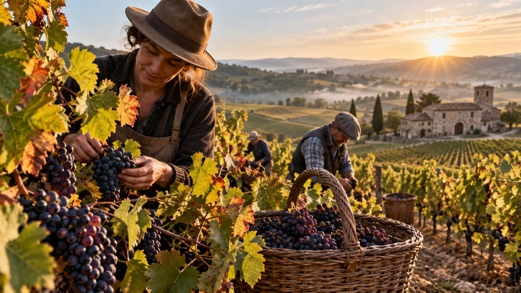 Grapes and wine at harvest time in Beaujolais