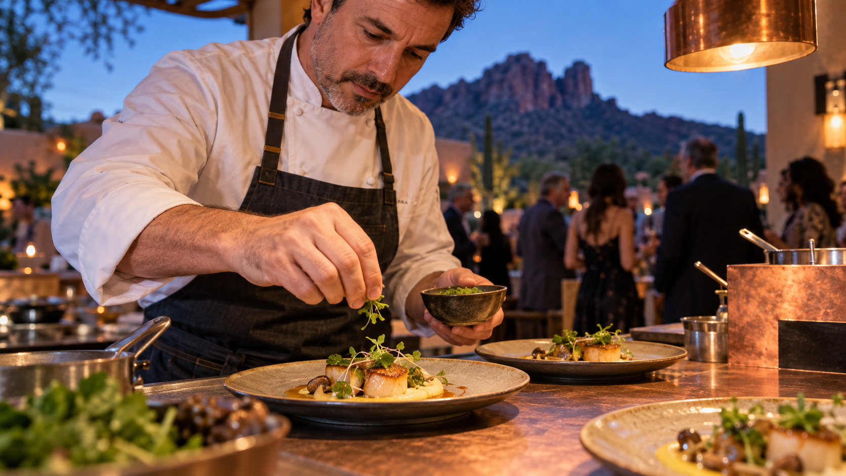Chef finishing a plated dish